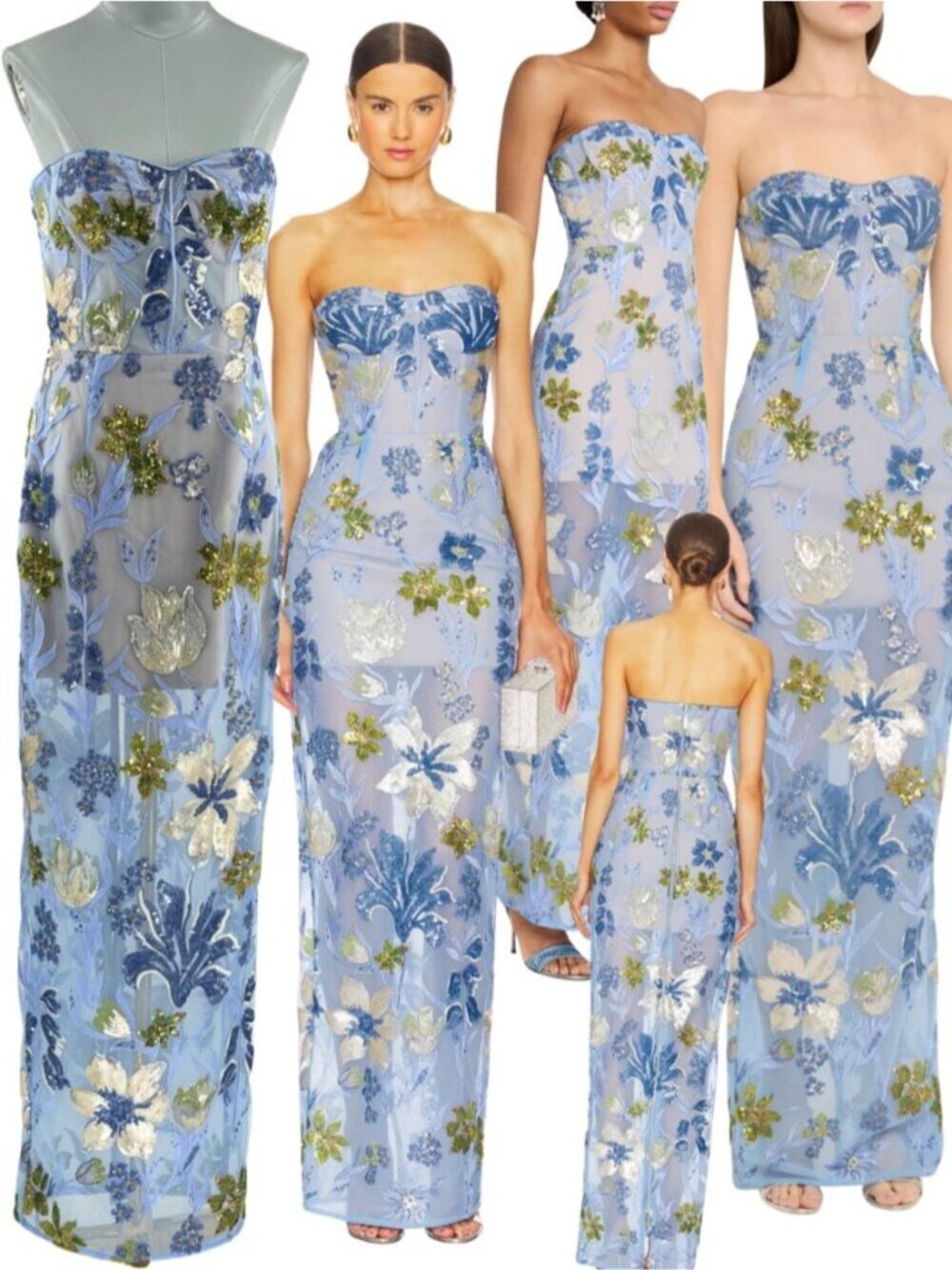 🆕 BRONX & BANCO 🧿 NWOT Dahlia Floral Gown, Baby Blue Multi Maxi - Sz M US 6